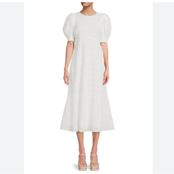 NWT TED BAKER JENAAY WHITE EYELET SHORT PUFF SLEEVE MAXI PEASANT DRESS - 5 (XL) - Picture 1 of 16